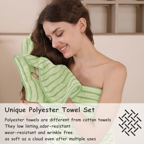 8 Pcs Grass Green Cabana Stripe Large Bath Towel Set - 2 Oversized Bath Sheets, 2 Hand Towels, 4 Washcloths - Soft Jumbo Absorbent Shower Beach Chair Spa Gym Hotel Towels