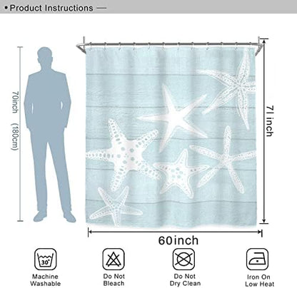 Miyotaa Beach Starfish Shower Curtain Set 60Wx71H Inches Seafoam Wooden Wood Rustic Country Ocean Sea Vintage Farmhouse Pastel Polyester Waterproof Cloth Bathroom Curtain with 12 Hooks
