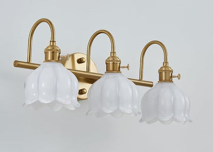 Bathroom Light Fixtures, 3-Light Brass Vanity Wall Light with Amber Tulip Glass Shades, Vintage Wall Sconce Over Mirror for Bathroom, Bedroom, Living Room (Bulbs Not Included) (White, 3-Light)