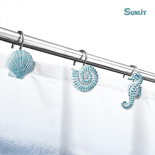 Sunlit Seashells Decorative Shower Curtain Hooks, Aqua Blue Ocean Creatures Coastal Shower Curtain Rings, Resin, Nautical Bathroom Decoration Beach Hooks-12 Pack