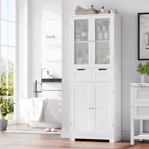 HORSTORS 67" H Bathroom Storage Cabinet, White Linen Cabinet with Drawers