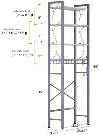 Over-The-Toilet Storage Rack, 4-Tier Bathroom Organizer Shelf Over Toilet with Adjustable Shelf and Basket, Freestanding Space Saver Bathroom Shelves Above Toilet for Room (Gray White)