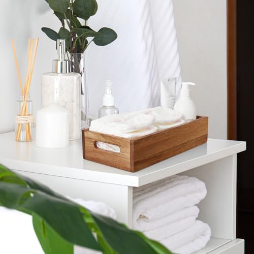ALELION Acacia Wood Bathroom Storage Basket for Organizing - Toilet Paper Basket with Handle for Back of Toilet Tank Top Topper - Small Narrow Baskets for Kitchen Pantry Garage Laundry Room Storage