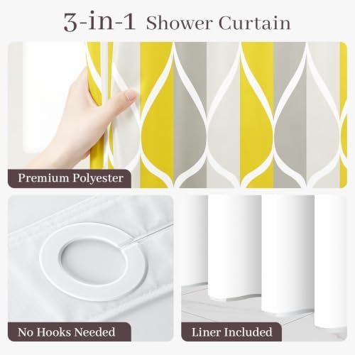 Yiatn Gray Yellow Shower Curtain with Snap-in Liner, 71 x 74 Inch