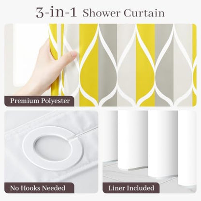 Yiatn Gray Yellow Shower Curtain with Snap-in Liner, 71 x 74 Inch