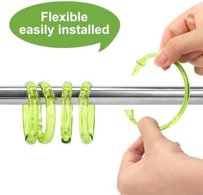 Green Shower Curtain Hooks - 12 Pcs Circular Plastic Shower Curtain Rings for Bathroom - O Shaped Transparent Green Shower Hooks Rings for Shower Curtain Rod