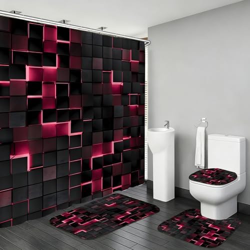 LQCOOL 4Pcs Pink Shower Curtain Set 3D Cubes Bathroom Sets Modern Shower Curtain Set for Bathroom Sets with Rugs Black and Pink Shower Curtain with 12 Hooks