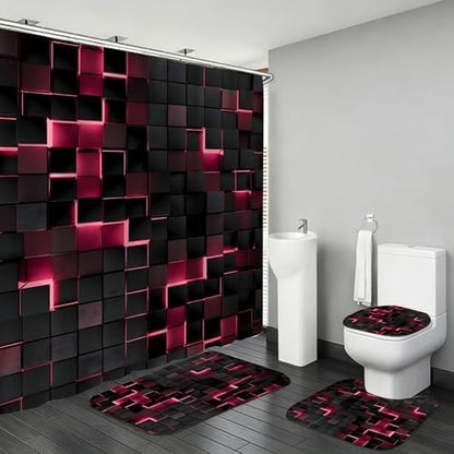 LQCOOL 4Pcs Pink Shower Curtain Set 3D Cubes Bathroom Sets Modern Shower Curtain Set for Bathroom Sets with Rugs Black and Pink Shower Curtain with 12 Hooks