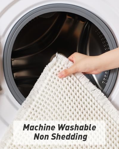 AMOAMI Waffle Runner Rug Super Absorbent Non Slip Bath Mats for Bathroom Floor, Machine Washable Bathroom Runner Rug with Tassels, Ideal for Hallway Bedroom Laundry Room, White, 2' x 5'(24" x 60")