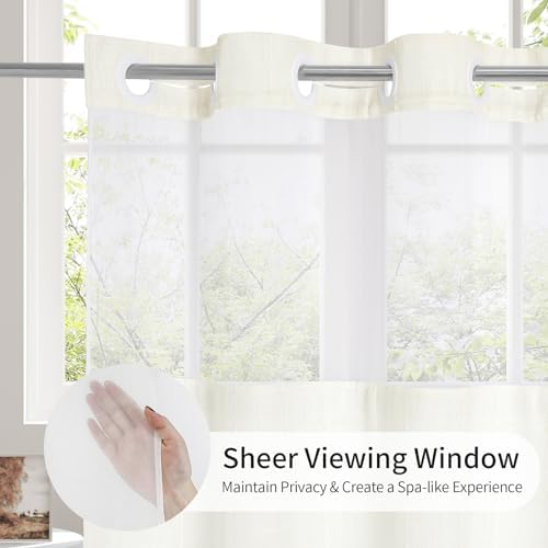 MitoVilla No Hooks Required Farmhouse Shower Curtain with Snap-in Liner - with Window & Magnets, Boho Cotton Linen Fabric Shower Curtains with Tassels for Rustic Bathroom Decor, Ivory, 72 x 74
