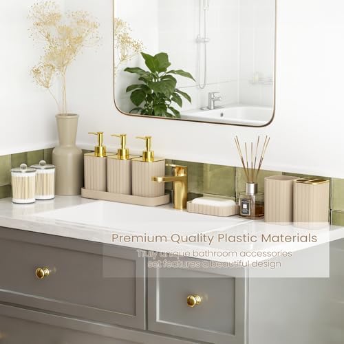 Bathroom Set - Bathroom Accessory Set, Beige Bathroom Set, 26PC Bathroom Sets with Shower Curtain and Rugs, Toilet Brush, Trash Can, Qtip Holder & Bathroom Soap Dispenser Set