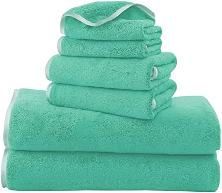 TENSTARS Luxury Silk Hemming Towel Set - Light Thin Quick Drying - 2 Bath Towels 2 Hand Towels 2 Washcloths - Ultra Soft Microfiber Towel for Bath Fitness, Sports, Yoga, Travel (Aqua Green, 6 Pieces)