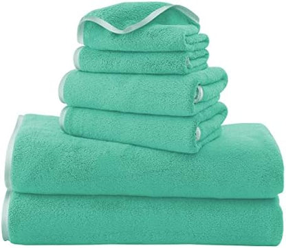 TENSTARS Luxury Silk Hemming Towel Set - Light Thin Quick Drying - 2 Bath Towels 2 Hand Towels 2 Washcloths - Ultra Soft Microfiber Towel for Bath Fitness, Sports, Yoga, Travel (Aqua Green, 6 Pieces)