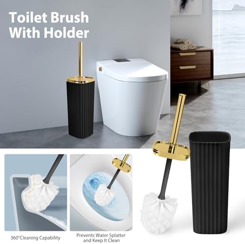 Bathroom Accessory Set, Shower Curtain Set, Toilet Brush, Trash Can & Soap Dispenser (Black Gold, Plastic)