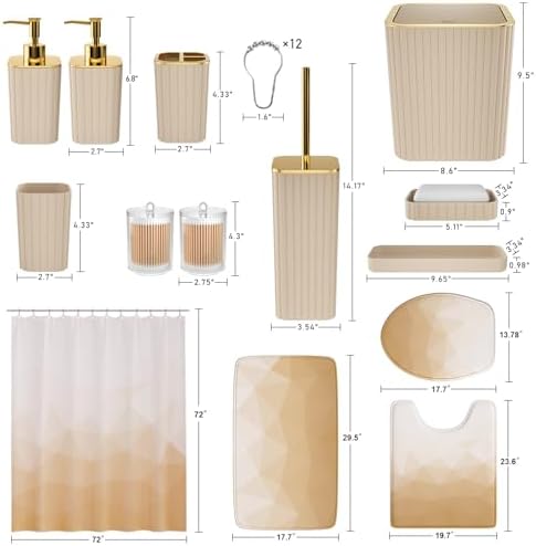 XLHOMO Bathroom Accessory Set - 26PC Bathroom Shower Curtain and Rug Set, Bathroom Accessories Set, Beige Bathroom Set with Trash Can, Toilet Brush, Qtip Holder & Soap Dispenser