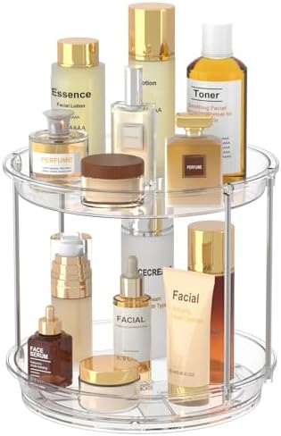 360 Rotating Makeup Organizer, 2 Tier Skincare & Perfume Holder for Bathroom Counter, Clear Spinning Vanity Tray, Lazy Susan Turntable Organizer for Dresser, Kitchen Cabinet