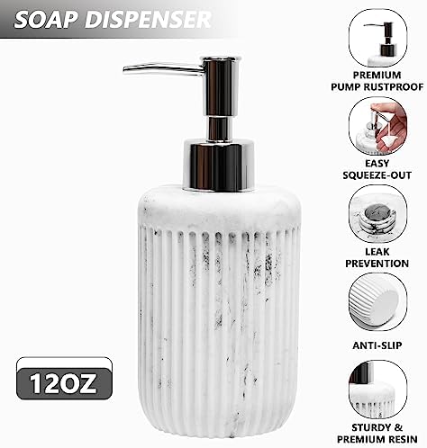 XLHOMO Resin White Marble Bathroom Accessories Set 5 Pcs, Lotion Soap Dispenser, Toothbrush Holder, Bathroom Tumbler, Qtip Holder and Vanity Tray, Bathroom Countertop Organizer Set for Home Apartment