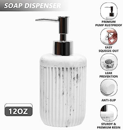 XLHOMO Resin White Marble Bathroom Accessories Set 5 Pcs, Lotion Soap Dispenser, Toothbrush Holder, Bathroom Tumbler, Qtip Holder and Vanity Tray, Bathroom Countertop Organizer Set for Home Apartment