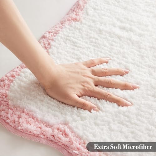 Luxury Microfiber Bathroom Rugs, White Bath Rug with Pink Scalloped Piping Cute Aesthetic Bath Mat for Bathroom, Tub, Floor Carpet, Sink, Shower, Anti Slip, Extra Soft, Absorbent, 26x16