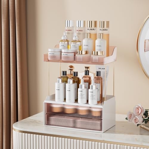 Delamu 4-Tier Makeup Organizer, Bathroom Counter, 2 Drawers, Grapefruit