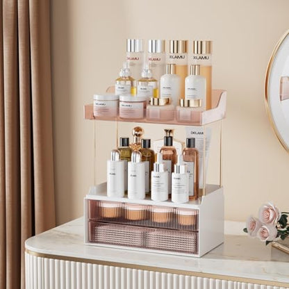 Delamu 4-Tier Makeup Organizer, Bathroom Counter, 2 Drawers, Grapefruit