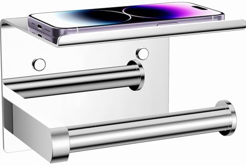 Tindbea Toilet Paper Holder with Phone Shelf, Adhesive or Screw Wall Mount Toilet Tissue Roll Holder, Rustproof & Multifunctional Stainless Steel Bathroom Storage Dispenser (Polished Chrome)