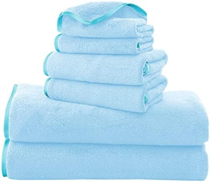 TENSTARS Luxury Silk Hemming Towel Set - Light Thin Quick Drying - 2 Bath Towels 2 Hand Towels 2 Washcloths - Ultra Soft Microfiber Towel for Bath Fitness, Sports, Yoga, Travel (Aquamarine 6 Pieces)