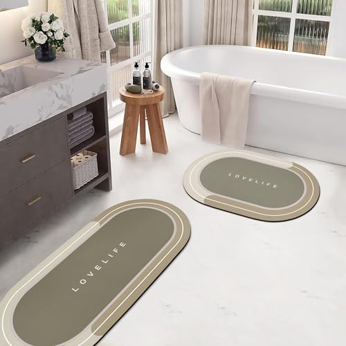 Rubber Bath mats Quick-Drying Non-Slip Bathroom mat Super Absorbent Bath mat Instant Dry Bath mat, Bathroom Rug in Front of The Kitchen Sink, Shower Room, Bathtub, Oval(Beige+16.9x26.7in+16.9x35.4in)