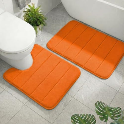 2 Piece Memory Foam Bath Mat Set, Extra Soft Absorbent Bathroom Rugs with U-Shaped Toilet Rug, Non-Slip Backing, Machine Washable, 24x16 + 20x20 U-Shaped, Orange