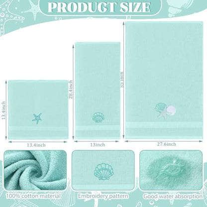 3 Pcs Coastal Seashell Bathroom Towel Set, Embroidered Decor