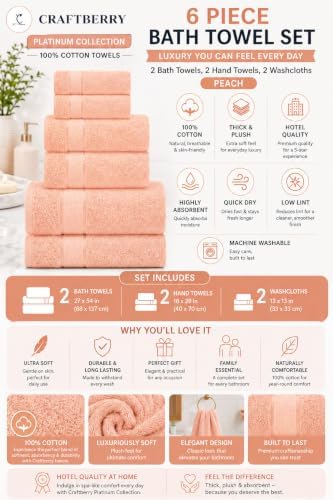 6 Piece Bath Towel Set, 2 Bath, 2 Hand, 2 Washcloths, Peach