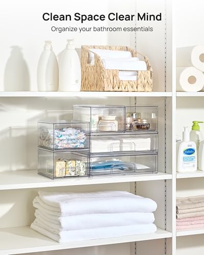 Vtopmart Stackable Storage Drawers Set of 6, Clear Plastic Organizer Bins for Bathroom Supplies, Ideal for Cabinet,Shelf, Pantry, Laundry Room Organization