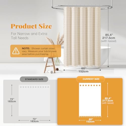 BTTN 60x84 Boho Farmhouse Linen Heavy Duty Shower Curtain Set, Cream/Beige