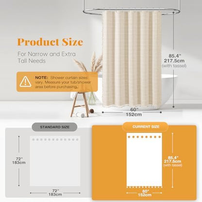 BTTN 60x84 Boho Farmhouse Linen Heavy Duty Shower Curtain Set, Cream/Beige