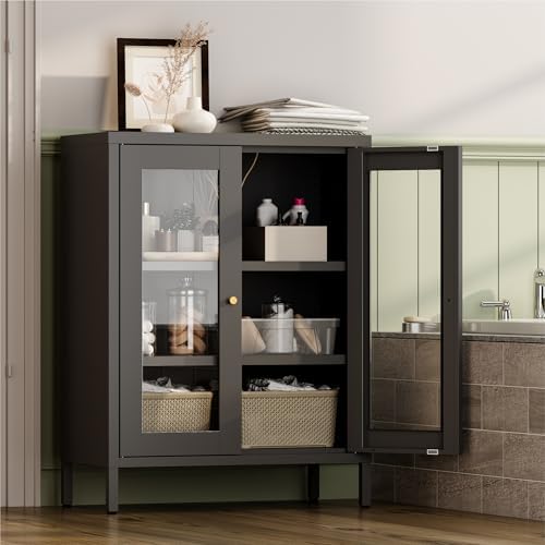YAUWOH Metal Bathroom Cabinet with Glass Doors,Bathroom Floor Storage Cabinet with 2 Adjustable Shelves & 2 Doors, Sideboard for Small Spaces, Living Room, Dining Room, Home Office