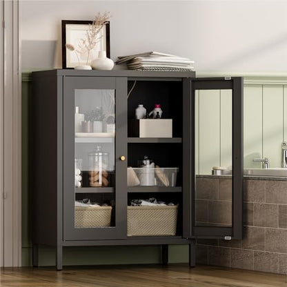 YAUWOH Metal Bathroom Cabinet with Glass Doors,Bathroom Floor Storage Cabinet with 2 Adjustable Shelves & 2 Doors, Sideboard for Small Spaces, Living Room, Dining Room, Home Office