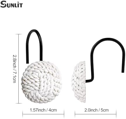 Sunlit Boho Knots Shower Curtain Hooks, Home Decorative White Shower Curtain Rings with Black Hooks for Bathroom, Seaside Nautical Shower Curtain Hangers Bathroom Accessories, Set of 12