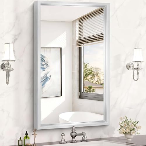24 x 36 inch Brushed Silver Bathroom Mirror, Metal Framed Rectangle Mirror, 0.6" Thickened Deep Frame Mirrors for Living Room Bedroom Entryway, Tempered Glass, Antirust, Horizontal or Vertical