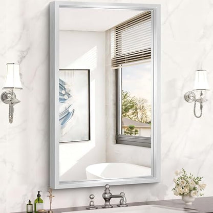 24 x 36 inch Brushed Silver Bathroom Mirror, Metal Framed Rectangle Mirror, 0.6" Thickened Deep Frame Mirrors for Living Room Bedroom Entryway, Tempered Glass, Antirust, Horizontal or Vertical