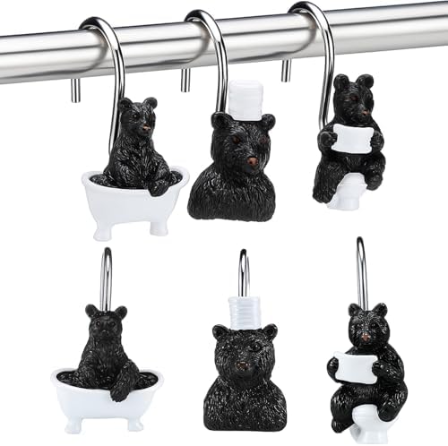 Roowest 12 Pcs Black Bear Shower Curtain Hooks, Stainless Steel Rings