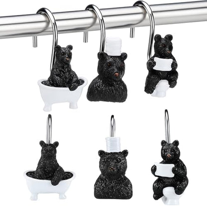 Roowest 12 Pcs Black Bear Shower Curtain Hooks, Stainless Steel Rings