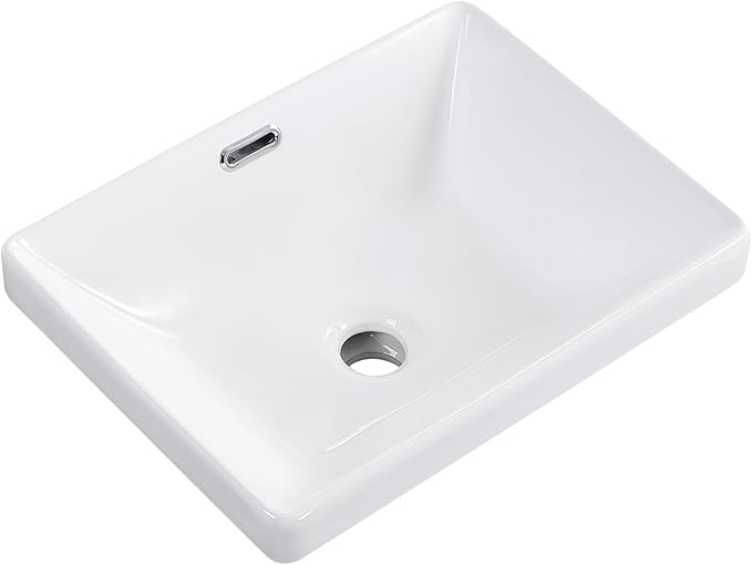 Small Bathroom Vessel Sink 16.7'' x 12.6'' Semi Recessed Bathroom Sink Rectangular Drop-in Vanity Sink with Overflow White Ceramic Modern Art Basin