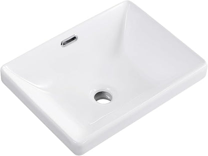 Small Bathroom Vessel Sink 16.7'' x 12.6'' Semi Recessed Bathroom Sink Rectangular Drop-in Vanity Sink with Overflow White Ceramic Modern Art Basin