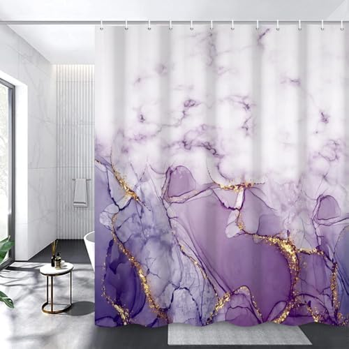 Marble Shower Curtain, Ombre Purple Gold Ink Shower Curtains for Bathroom, Modern Abstract Aesthetic Bathtub Decor Waterproof Fabric Watercolor Bath Curtain Set with Hooks 48x72 inch