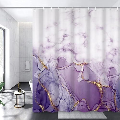 Marble Shower Curtain, Ombre Purple Gold Ink Shower Curtains for Bathroom, Modern Abstract Aesthetic Bathtub Decor Waterproof Fabric Watercolor Bath Curtain Set with Hooks 48x72 inch
