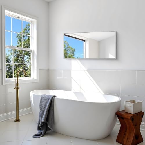 BONEWEI Silver Bathroom Mirror,18x36 inch Wall Mirror for Bathroom Wall Mounted,Rectangle Mirror for Bathroom Over Sink,Modern Metal Frame for Living Room,Bedroom Entryway,Horizontal/Vertical