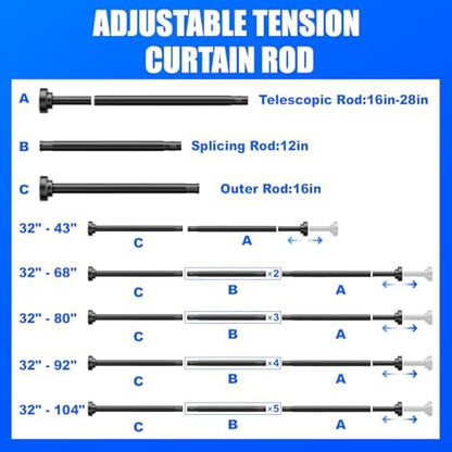 Ausemku Shower Curtain Rod - 32-104 Inch Rustproof Tension Rod, Non-Slip Spring Design, No Drilling Adjustable Curtain Rod for Bathroom, Kitchen, and Closet（Black）