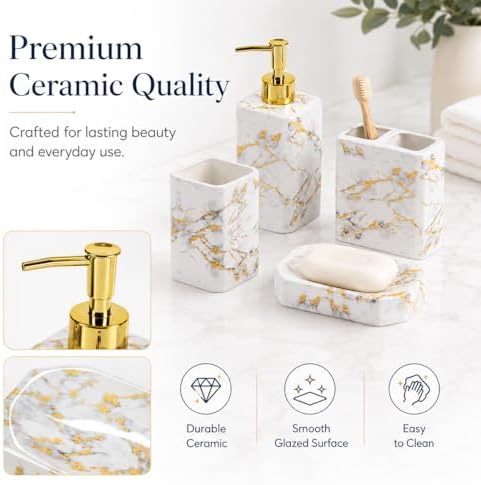 4 Piece Bathroom Accessories Set - White Bathroom Accessory Sets Includes Lotion Dispenser, Toothbrush Holder Tumbler, and Soap Dish - Glossy Finish (Marble, White)