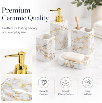 4 Piece Bathroom Accessories Set - White Bathroom Accessory Sets Includes Lotion Dispenser, Toothbrush Holder Tumbler, and Soap Dish - Glossy Finish (Marble, White)