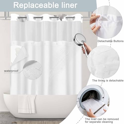 No Hook Shower Curtain and Liner Set, Blue Grey Boho Floral 71x84